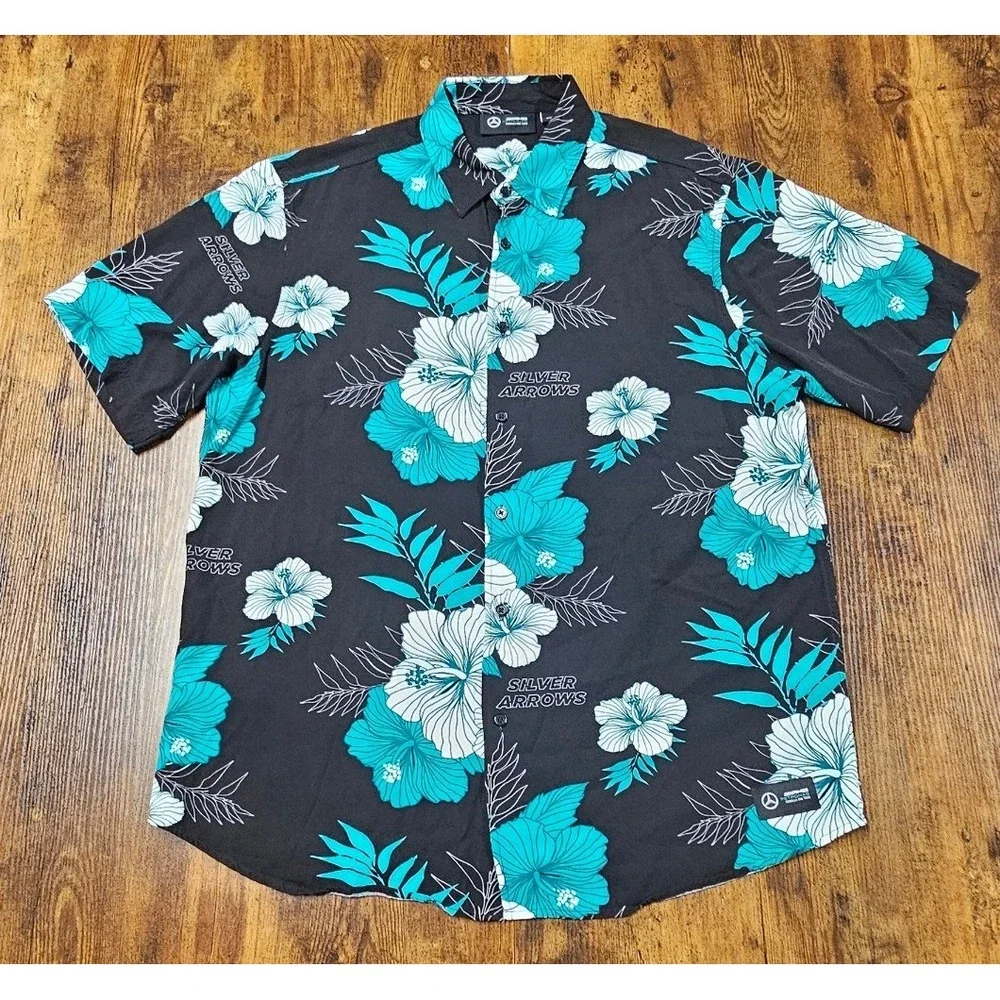 Mercedes AMG Petronas F1 Team Silver Arrows Floral Hibiscus Shirt Mens XL Black